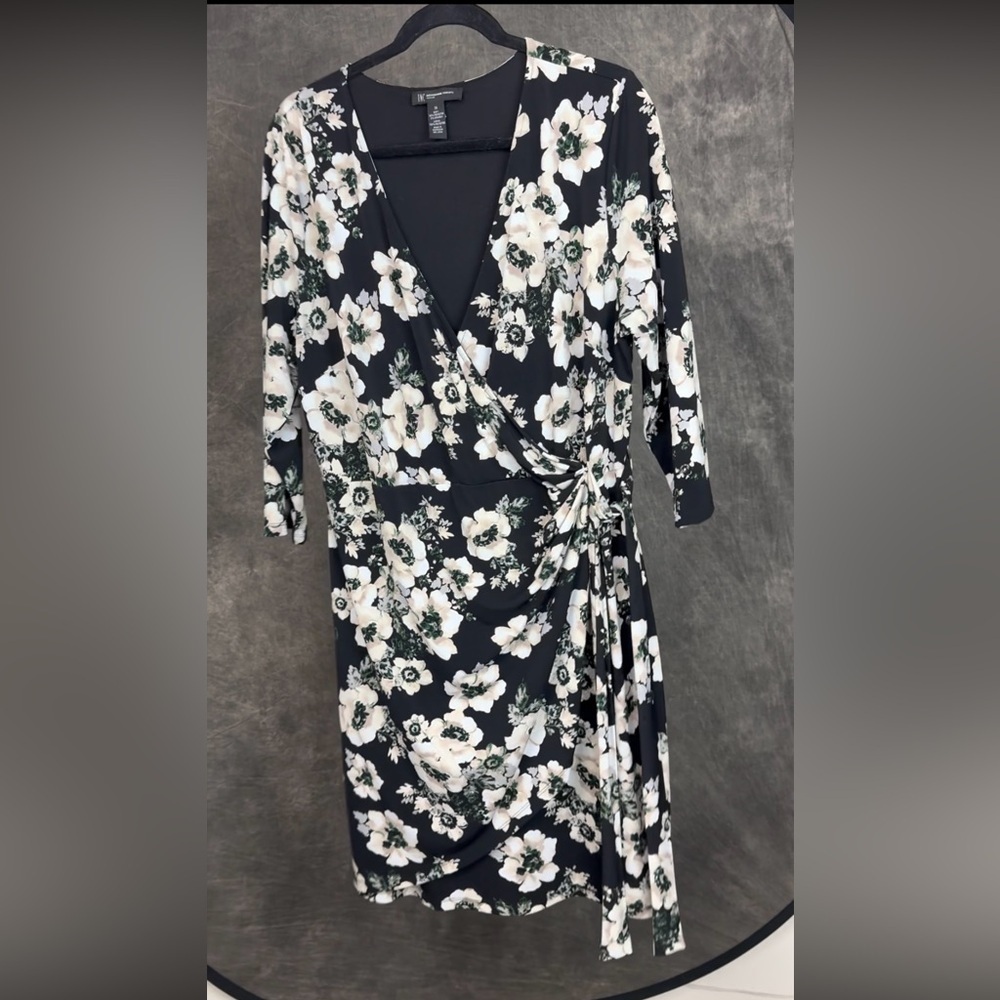 INC International Concepts Black Floral Faux Wrap Dress 1X Ruched Tie Waist Midi